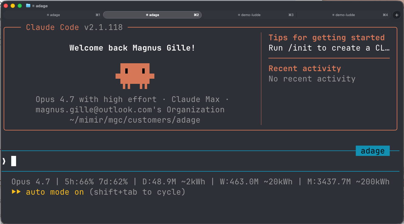 Claude Code terminal — Opus 4.7, auto mode, token/kWh meter